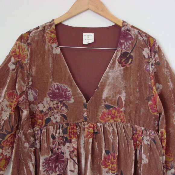 Velvet Floral Mini Dress Floral Boho Babydoll V-neck Burn Out Flowy Size Small - Picture 2 of 14